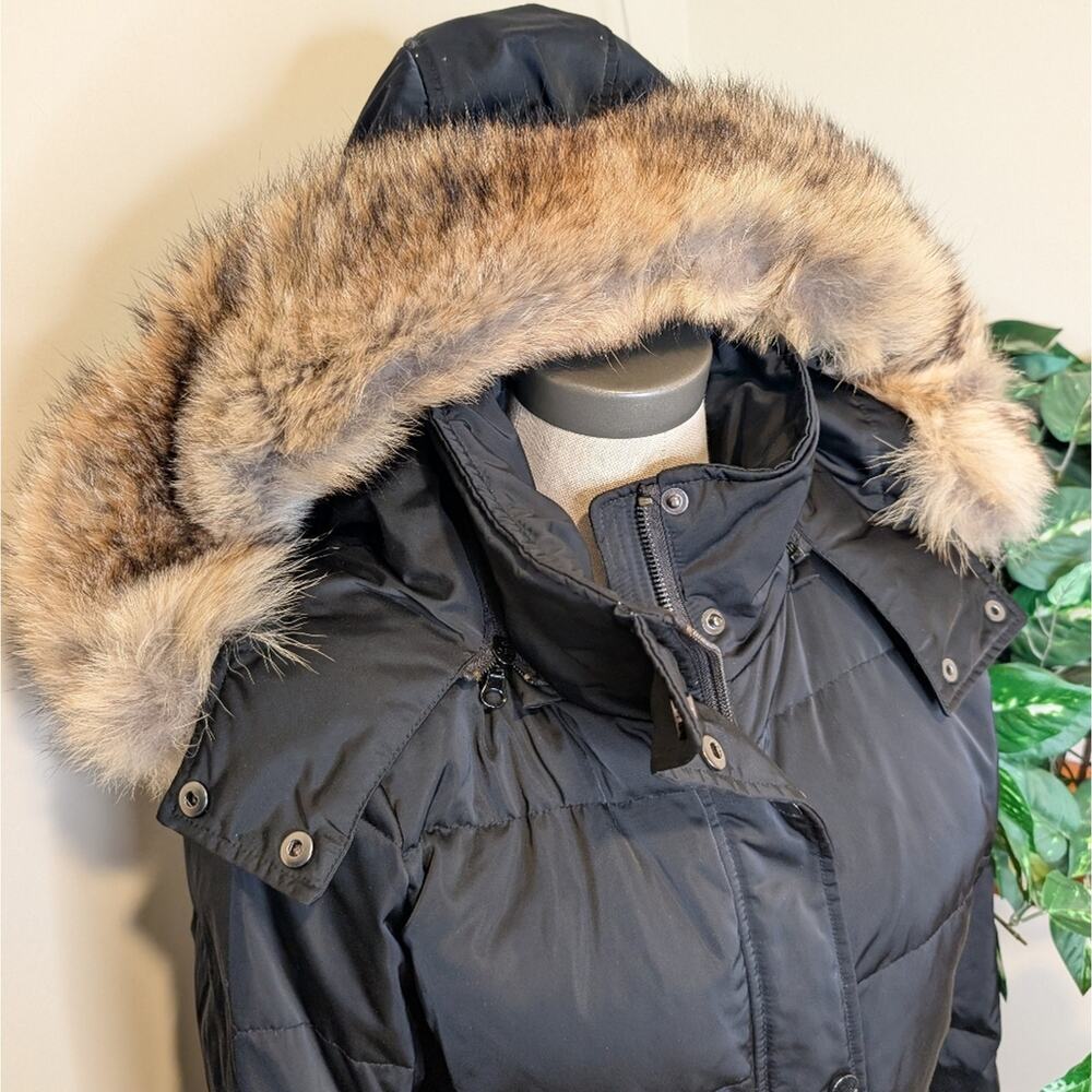 Trina Turk Down Parka Coat S Black Real Coyote Fur Hood Removable Hood Warm - Picture 2 of 6
